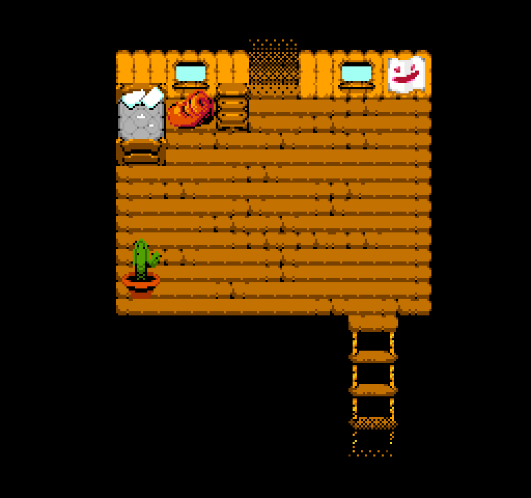 A map of a treehouse. There's a bed with a torn mattress, a blanket on the floor, and a potted cactus in the corner.